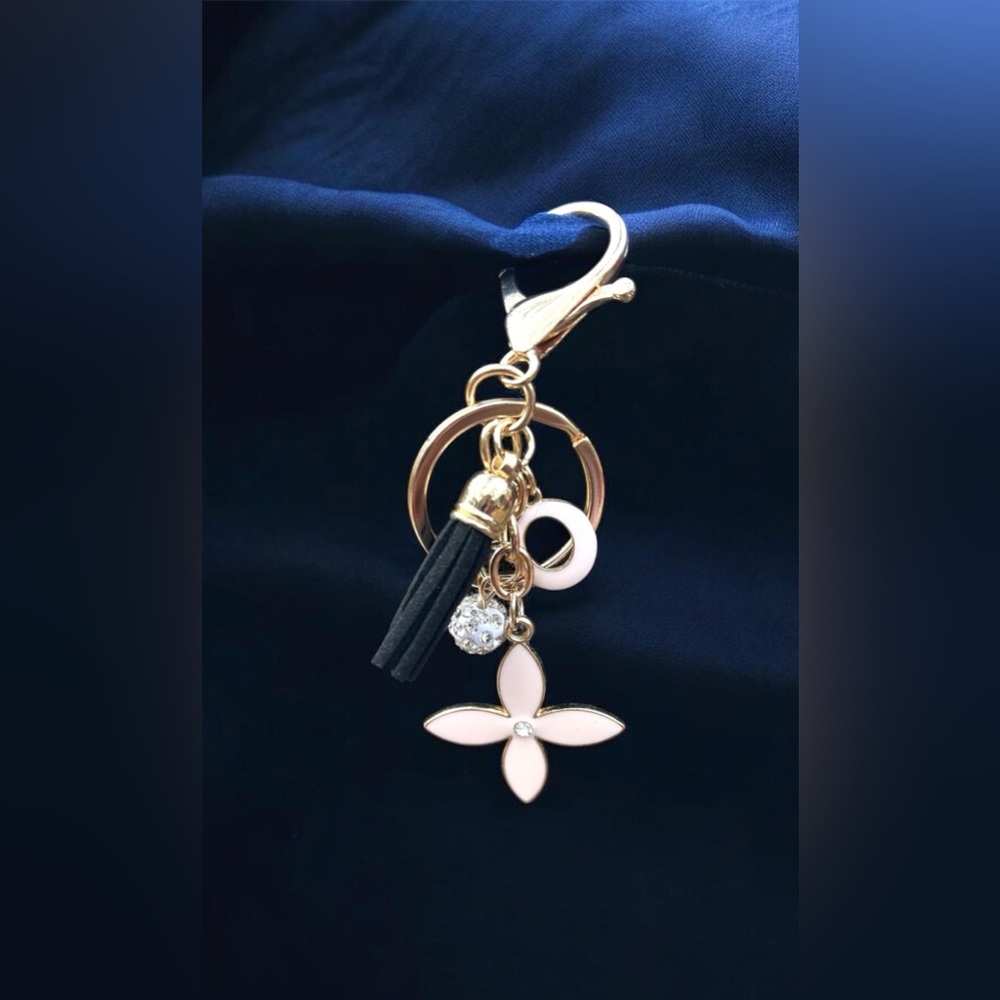 Gold Tone Keychain Bag Charm & Light Blush Clover & Black Tassel & Rhinestone